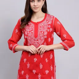 Seva Chikan Ethnic Motifs Embroidered Lucknowi Chikankari Kurti With Inner-image-96