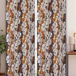 Aura Brown & White 2Pcs Floral Room Darkening Door Curtain-11