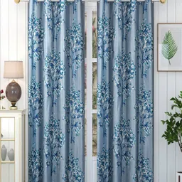 Panipat Textile Hub Dry Tree Blue & White 2 Pieces Floral Print Long Door Curtains-image-37