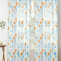 HOMADORN White & Blue 2 Pieces Floral Printed Sheer Long Door Curtain-image-8