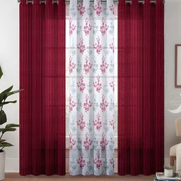 Lunar Days 3 Pcs White & Maroon Floral Sheer Long Door Curtain-image-49