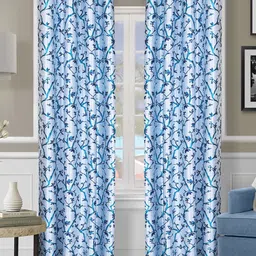 ROMEE Blue & Off White Set of 2 Floral Room Darkening Door Curtain-58