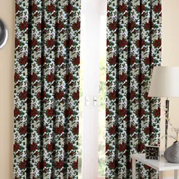 Airwill Brown & White 2Pcs Floral Room Darkening Long Door Curtain-9