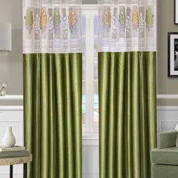 Aura Green & White Set of 2 Floral Room Darkening Long Door Curtain-image-41