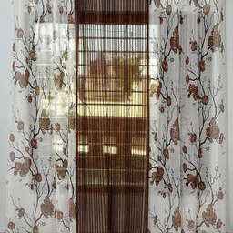 Aura Brown & White 3 Pieces Floral Sheer Window Curtains-image-12