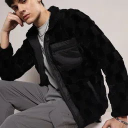 Campus Sutra Black Checked Windcheater Puffer Jacket With Faux Fur Trim-picture-41