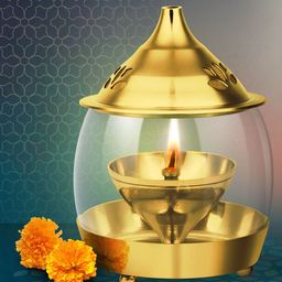 Treo Gold-Toned Arpan Brass Diya With Borosilicate Glass Small Cover-30