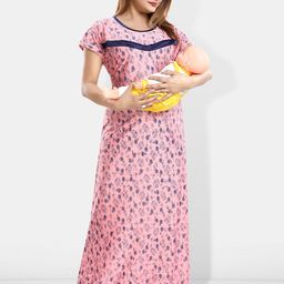 Be You Floral Printed Round Neck Satin Maternity Maxi Nightdress-image-82