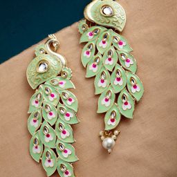 PANASH Green & Pink Gold-Plated Kundan Stone Peacock Shaped Drop Earrings-image-40