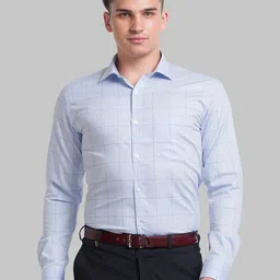 Park Avenue Men Blue Slim Fit Windowpane Checks Checked Organic Cotton Formal Shirt-image-19