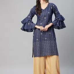 MBE Women Navy Blue Bell Sleeves Cotton Kurta-image-6
