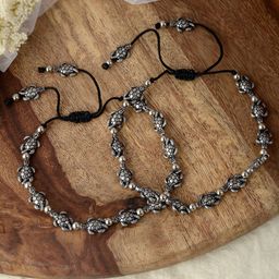 Silvermerc Designs Set Of 2 Silver-Plated Crocodile designed Beaded Oxidized Anklets image 1