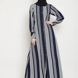 NABIA Women Blue & White Striped Crepe Front Open Side Pocket Abaya Burqas-image-3