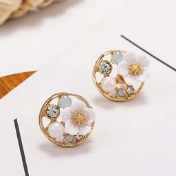 FIMBUL Gold-Plated Stone-Studded Beaded Floral Studs Earrings-24