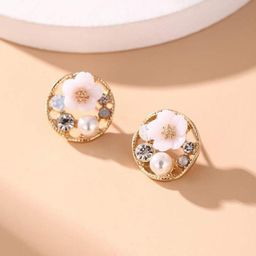 FIMBUL Gold-Plated Stone-Studded Beaded Floral Studs Earrings-54