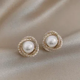 FIMBUL Gold Plated Stone Studded & Beaded Studs Earrings-image-34