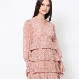 DRIRO Pink & Orange Floral Printed Layered Georgette Tiered Dress-picture-48