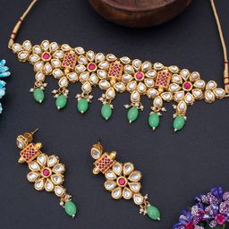 Sukkhi Gold-Plated Kundan-Studded & Beaded Choker Necklace & Earrings Set-image-13