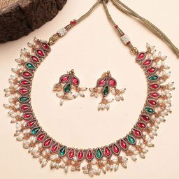 KARATCART Gold-Plated Kundan Studded Necklace and Earrings-image-0
