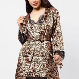 HAUTE SAUCE by  Campus Sutra Brown Animal Printed Satin Nightdress & Coat-image-44