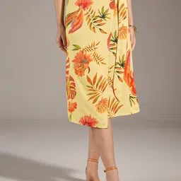 20Dresses Yellow Floral Printed A Line Mock Wrap Tie Up Midi Skirt-picture-21