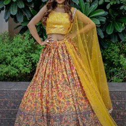 FABPIXEL Yellow & Green Embellished Semi-Stitched Lehenga & Unstitched Blouse With Dupatta-picture-56