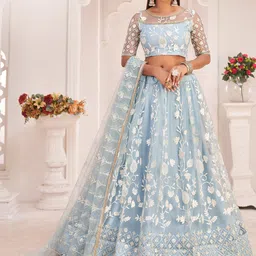 FABPIXEL Blue & White Embroidered Thread Work Semi-Stitched Lehenga & Unstitched Blouse With Dupatta-image-23
