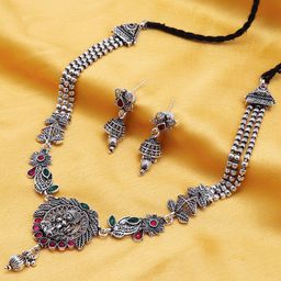 Sukkhi Gold-Plated Stone-Studded & Beaded Oxidised Necklace & Earrings Set-image-65