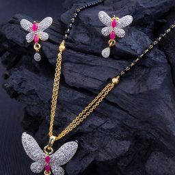 Sukkhi Gold-Plated Stone-Studded & Beaded Butterfly Pendant Mangalsutra With Earrings-image-5