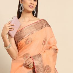 Anouk Peach Silk Blend Ethnic Woven Design Banarasi Saree with Matching Blouse Piece-image-38