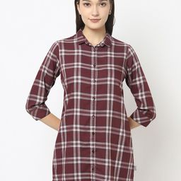 Crimsoune Club Women Maroon & White Tartan Checks Checked Pure Cotton Casual Shirt-image-30