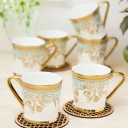 CLAY CRAFT White & Gold-Toned 6 Pieces Floral Printed Ceramic Glossy Cups 200 ml Each-image-82