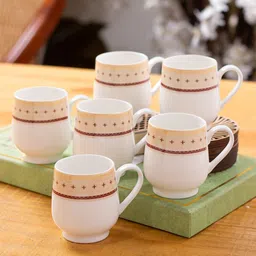 CLAY CRAFT White & Beige 6 Pieces Printed Ceramic Glossy Cups 200ml each-picture-42