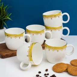 CLAY CRAFT White & Gold-toned 6 Pieces Printed Ceramic Glossy Cups 200ml each-2