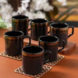 CLAY CRAFT Black & Gold-toned 6 Pieces Printed Ceramic Glossy Cups 220ml each-image-71