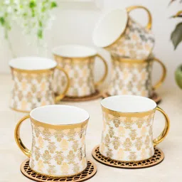 CLAY CRAFT White & Gold-Toned 6 Pieces Printed Ceramic Glossy Cups 220 ml Each-4