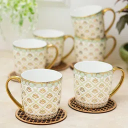 CLAY CRAFT White & Gold-Toned 6 Pieces Printed Ceramic Glossy Cups 200 ml Each-image-80
