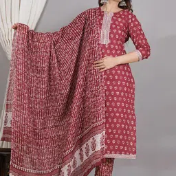 ZOYOTO Ethnic Motifs Printed Gotta Patti Pure Cotton Straight Kurta & Trouser With Dupatta-picture-28