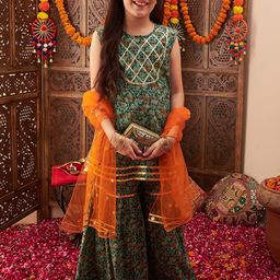 Cherry & Jerry Girls Floral Printed Empire Gotta Patti Pure Cotton Kurta Set-image-95