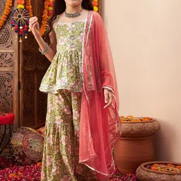 Cherry & Jerry Girls Floral Printed Gotta Patti Pure Cotton Kurti with Sharara & Dupatta-55