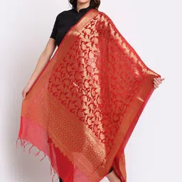 LOOM LEGACY Red & Gold-Toned Woven Design Dupatta with Zari-28