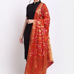 SOUNDARYA Red & Gold-Toned Woven Design Bandhani Dupatta with Zari-19