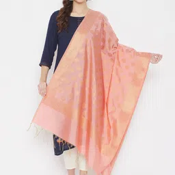 Clora Creation Peach-Coloured & Gold-Toned Ethnic Motifs Woven Design Dupatta with Zari image 1