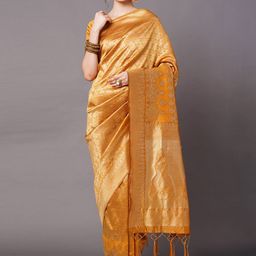 Mitera Mustard & Gold-Toned Woven Design Zari Silk Blend Banarasi Saree-picture-38