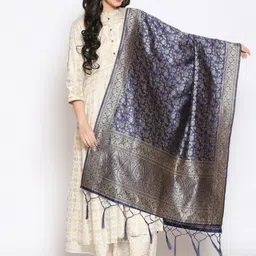 Dupatta Bazaar Navy Blue & Gold-Toned Woven Design Dupatta-image-29
