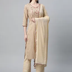 Divena Women Beige Floral Printed Pure Cotton Kurta with Trousers & With Dupatta-image-35