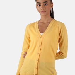 Monte Carlo Women's Blend Wool Yellow Solid V Neck Cardigan-image-43