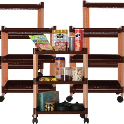 Pack of 5 Multipurpose 3-Layer Storage Trolley Rack with Wheels | Brown Plastic Kitchen Trolley-21