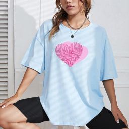 Women Printed Round Neck Pure Cotton Light Blue T-Shirt-image-97