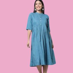 Women Fit and Flare Blue Ankle Length Dress-image-89